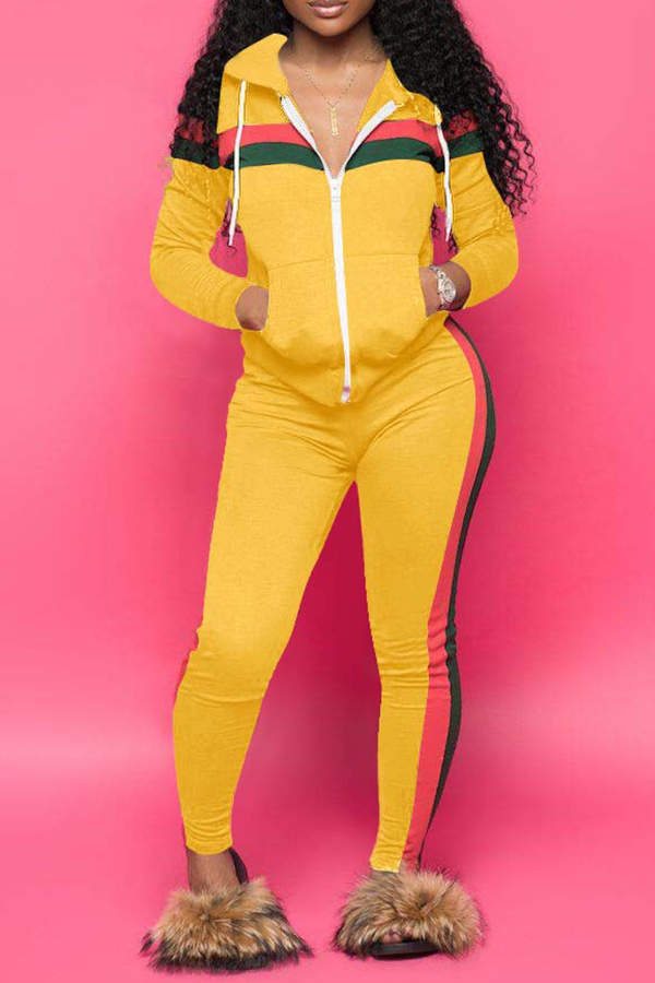 

Lovely Casual Striped Hooded Collar Yellow Blending Two-piece Pants Set