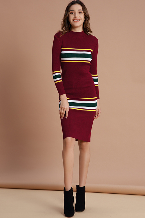 

Lovely Trendy Striped Wine Red Mid Calf Dress