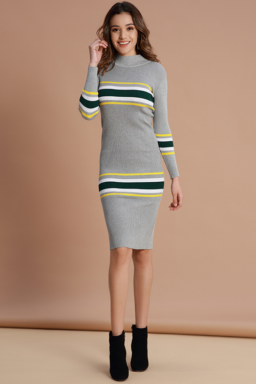 Lovely Trendy Striped Grey Mid Calf Dress