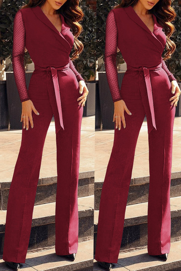 

Lovely Casual Patchwork Wine Red Blending One-piece Jumpsuit
