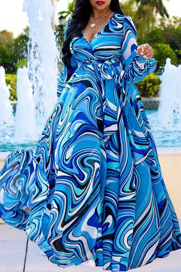 

Lovely Bohemian Printed Blue Blending Floor Length Dress