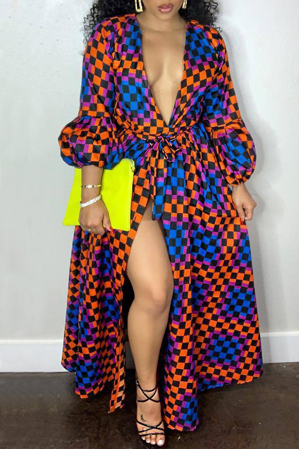 

Lovely Trendy Grids Printed Multicolor Blending Floor Length Dress