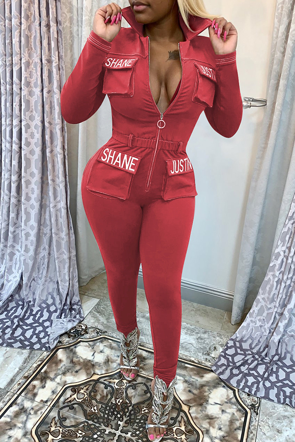 

Lovely Casual Zipper Design Red Twilled Satin One-piece Jumpsuit