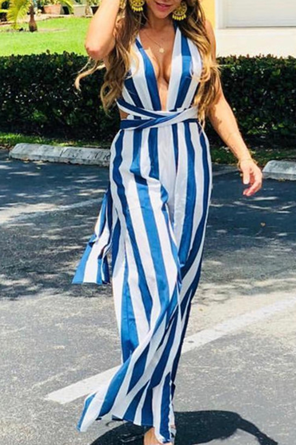 

Lovely Casual Striped Blue Blending One-piece Jumpsuit