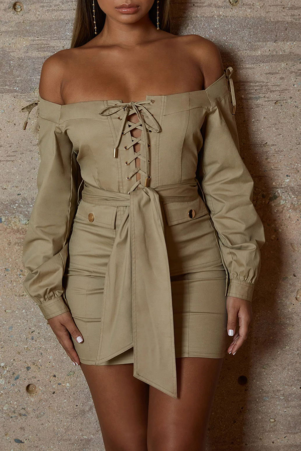 

Lovely Trendy Lace-up Khaki Mini Dress