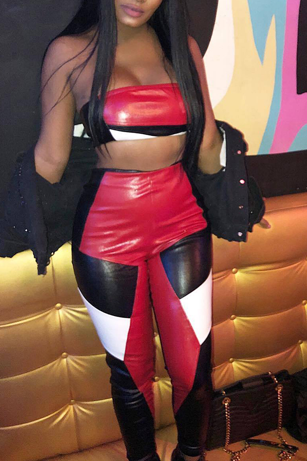

Lovely Sexy Patchwork Red PU Two-piece Pants Set