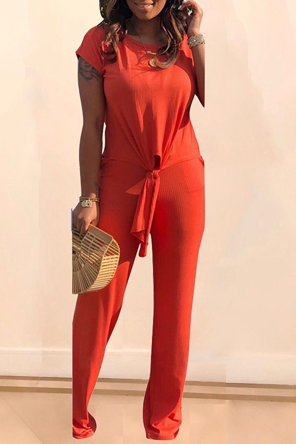 

Lovely Casual Lace-up Red Two-piece Pants Set