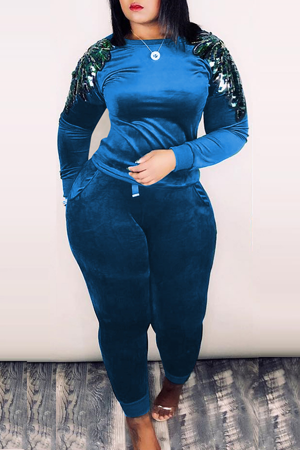 

Lovely Casual Patchwork Blue Two-piece Pants Set