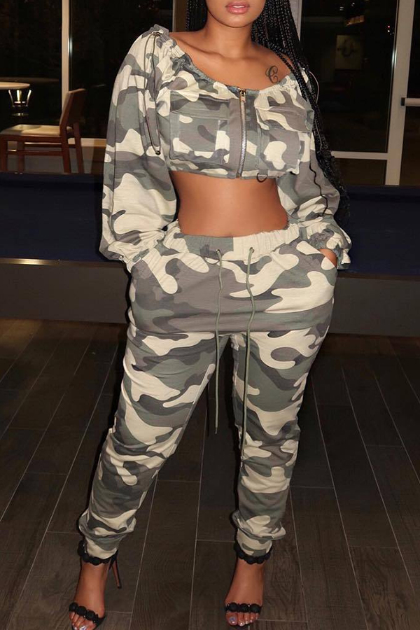 

Lovely Trendy Camouflage Printed Twilled Satin Two-piece Pants Set, Camo