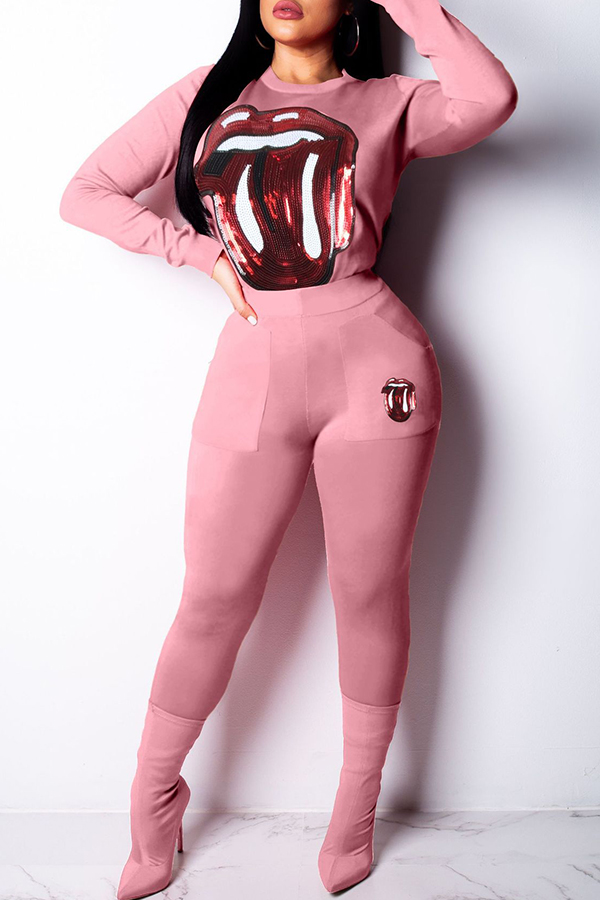 

Lovely Trendy Sequined Decorative Light Pink Two-piece Pants Set