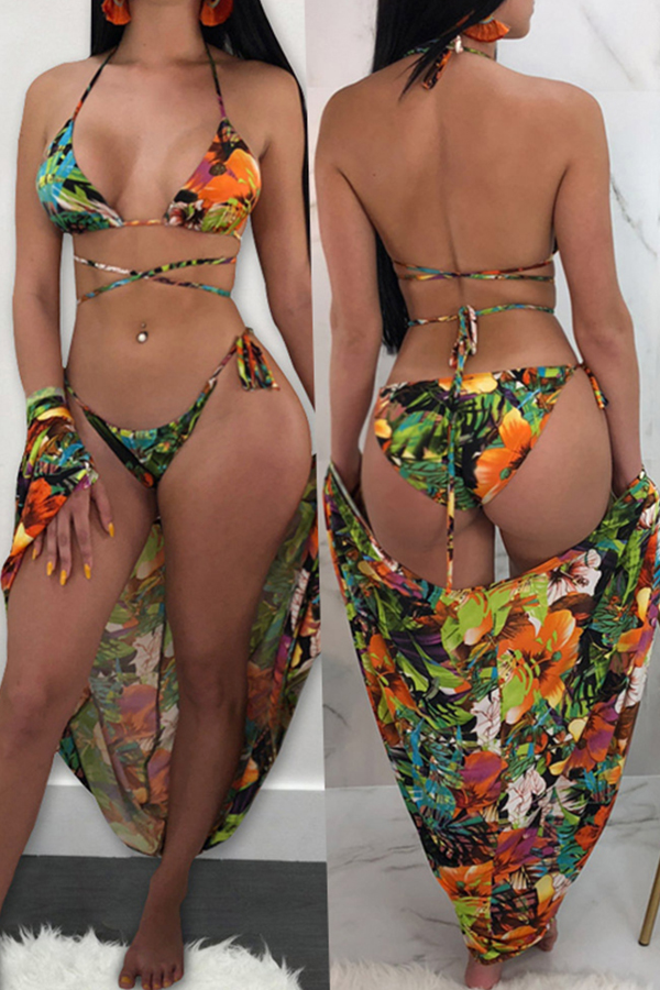 

Lovely Sexy Printed Green Two-piece Swimwears(With CoverUp)