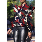 Lovely Casual Camouflage Printed Wine Red Jacket