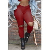 Lovely Casual Hollowed-out Skinny Wine Red Pants