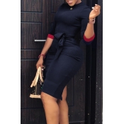 Lovely Casual Patchwork Slim Dark Blue Knee Length