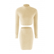 Lovely Casual Skinny Yellowish Rice Two-piece Skir