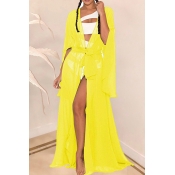 Lovely Casual Long Yellow Chiffon Cover-up