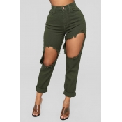 Lovely Trendy Broken Holes Army Green Denim Jeans