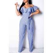 Lovely Trendy Dew Shoulder Striped Blue One-piece 