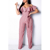 Lovely Trendy Dew Shoulder Striped Red One-piece J