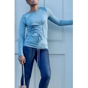 Lovely Casual Lace-up Baby Blue Twilled Satin T-sh
