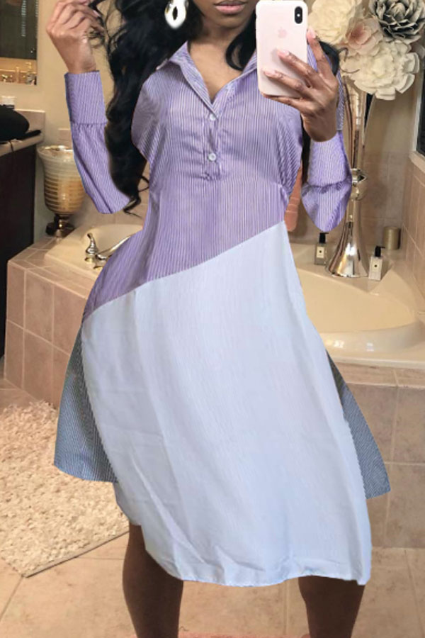 

Lovely Casual Patchwork Purple Mid Calf Dress
