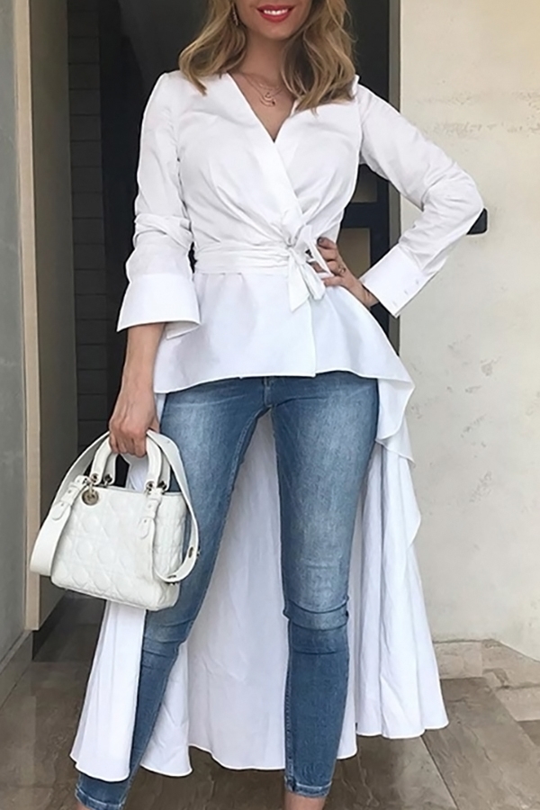 

Lovely Trendy Long Sleeves Asymmetrical White Shirts