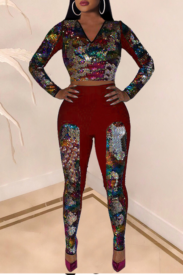 

Lovely Casual Sequined Decorative Red Knitting Two-piece Pants Set