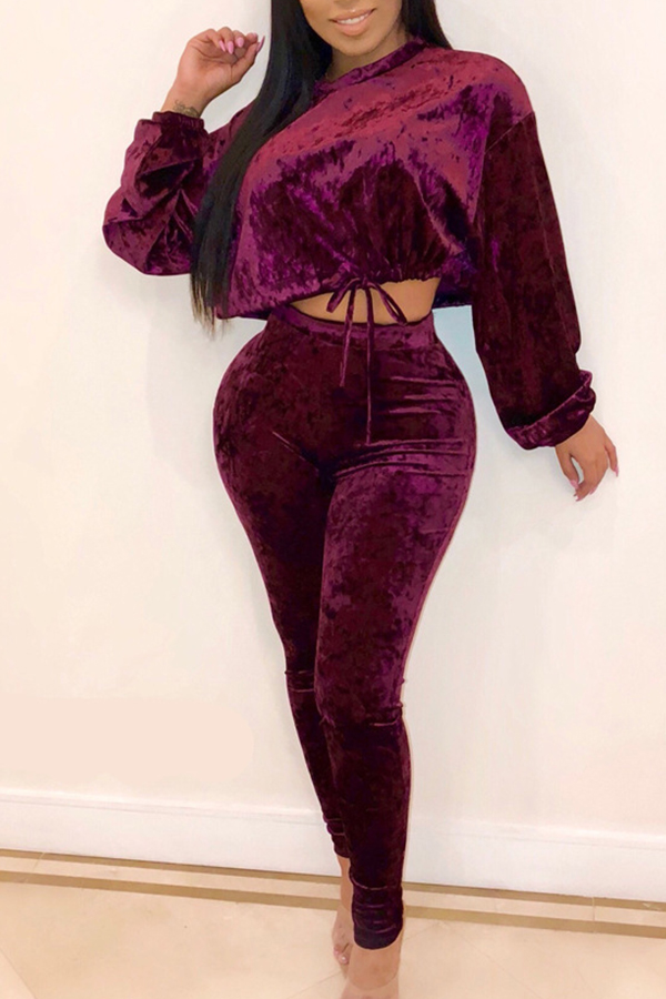 

Lovely Trendy Lace-up Wine Red Two-piece Pants Set