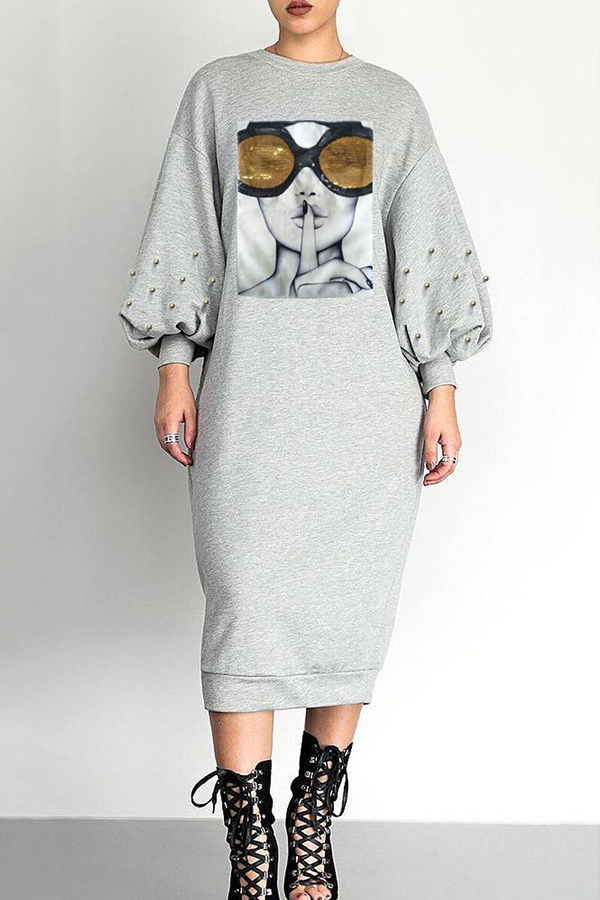 

Lovely Trendy Printed Grey Mid Calf Dress