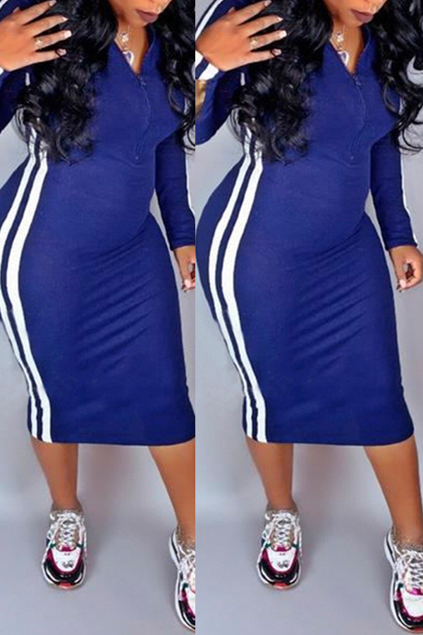 

Lovely Casual Striped Blue Mid Calf Dress