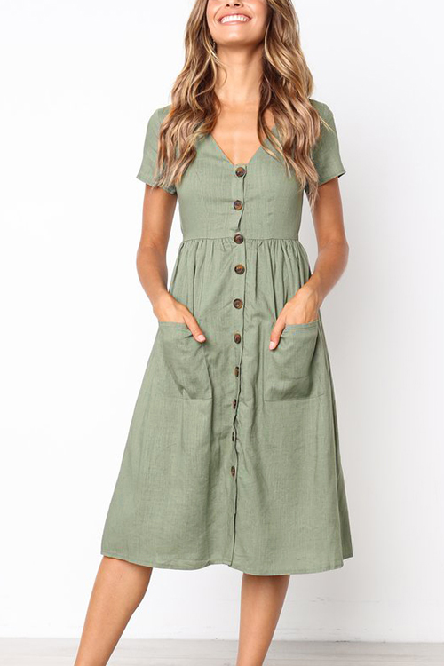 

Lovely Casual V Neck Buttons Green Polyester Mid Calf Dress
