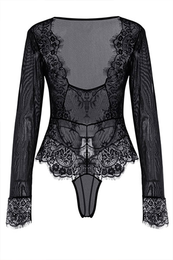 Lovely Sexy Deep V Neck Long Sleeves See Through Black Lace Teddiesteddiessexy Lingerie