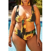 Lovely Sexy Floral Printed Plus-size Black Two-pie