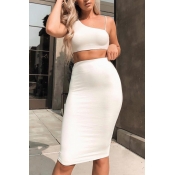 Lovely Trendy Dew Shoulder White Two-piece Skirt S