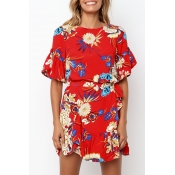Lovely Fashion Floral Printed Red Mini Dress(With 