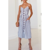 Lovely Casual V Neck Button Decorative Blue Stripe