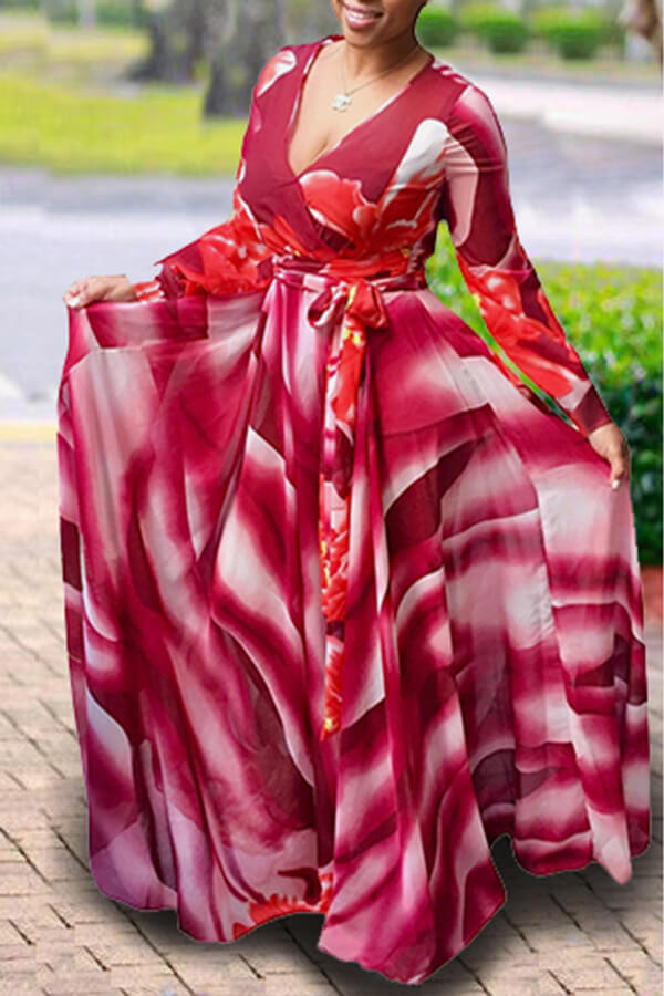 

Lovely Casual Printed Red Floor length Plus Size Dress