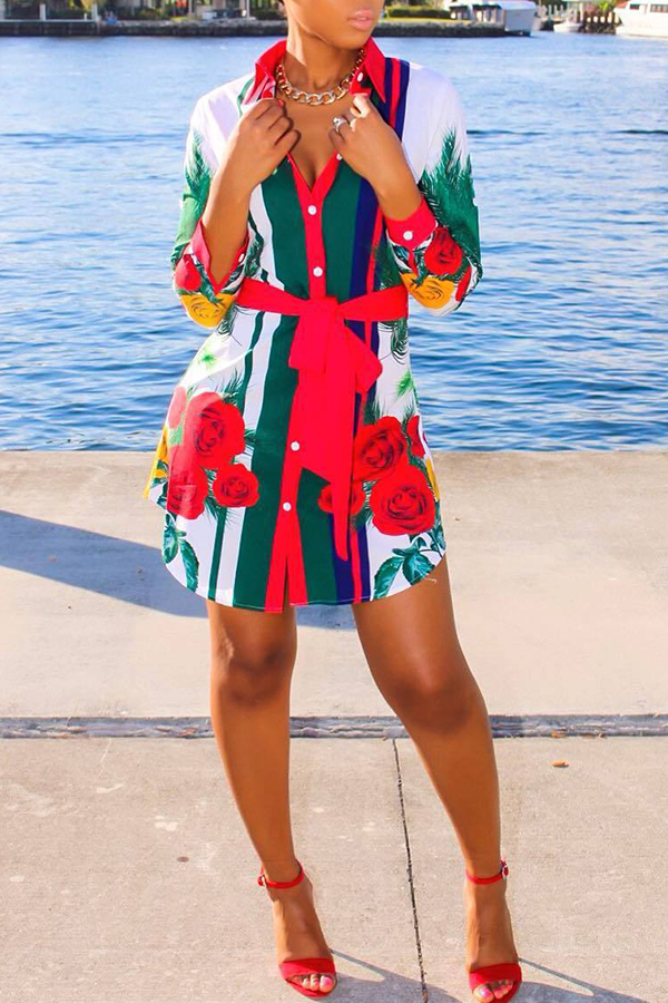 

Lovely Sweet Floral Printed White Blending Mini Dress(With Belt)