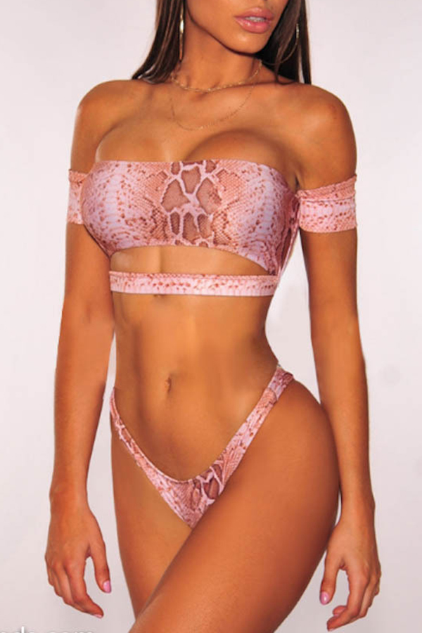 

Lovely Sexy Dew Shoulder Snakeskin Printed Two-piece Swimwear