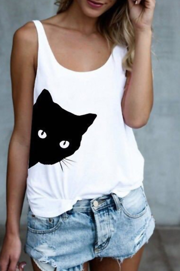 

Lovely Casual Cat Printed White Tank Top