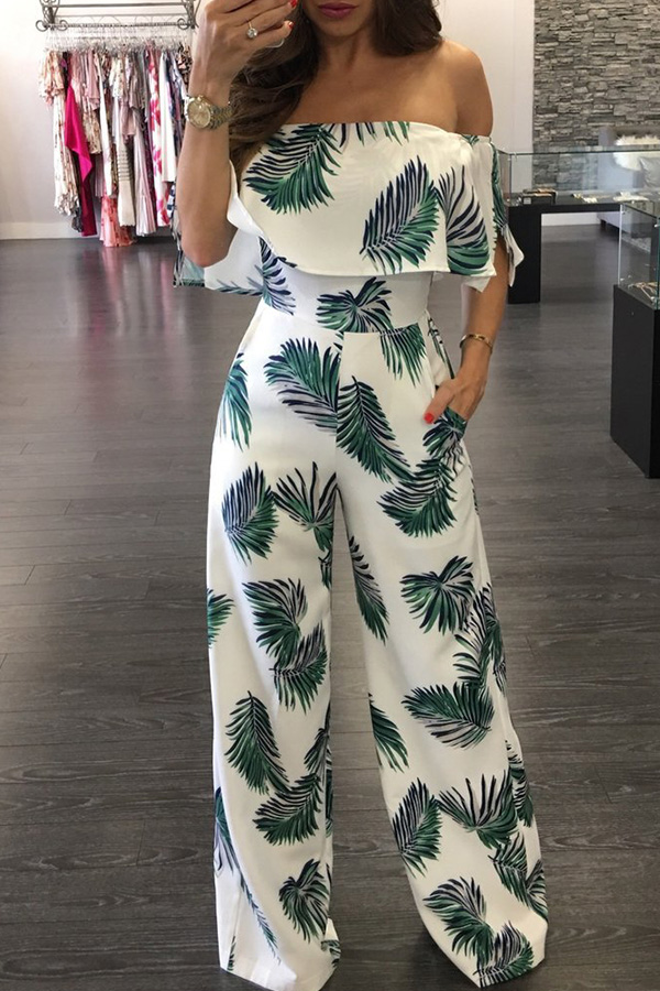 

Lovely Casual Dew Shoulder Printed White One-piece Jumpsuit