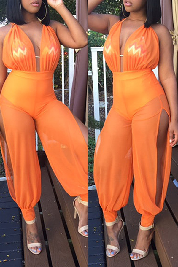 

Lovely Sexy Patchwork Orange Gauze One-piece Jumpsuit (Without Bra)