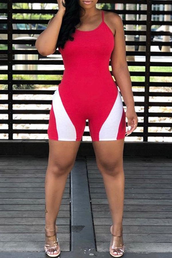 

Lovely Casual Patchwork Red Twilled Satin One-piece Rompers