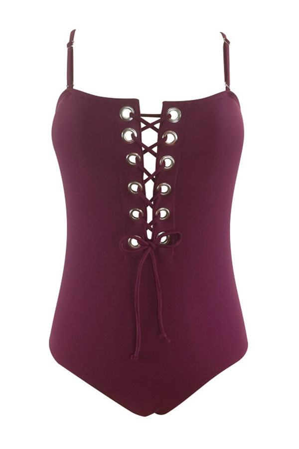 

Lovely Sexy Lace-up Wine Red One-piece Swimwears