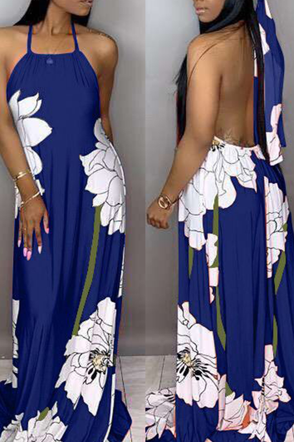 

Lovely Bohemian Halter Printed Blue Floor Length Dress