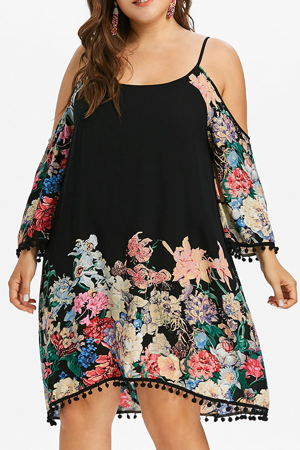 

Lovely Bohemian Floral Printed Black Knee Length Dress