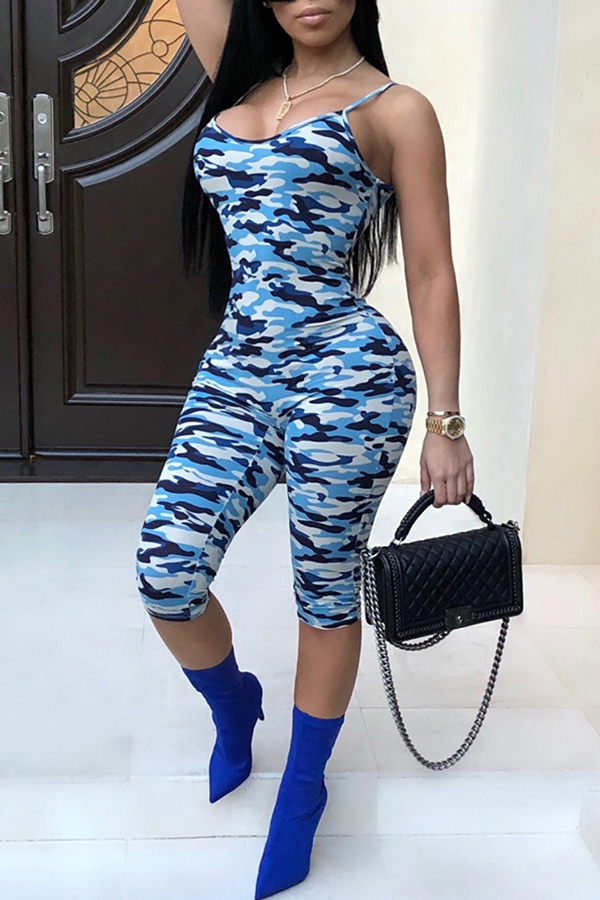 

Lovely Sexy Camouflage Printed Blue One-piece Rompers