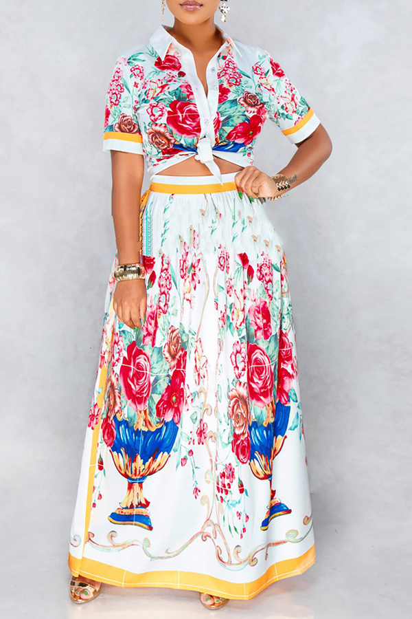 

Lovely Elegant Floral Printed White Two-piece Skirt Set