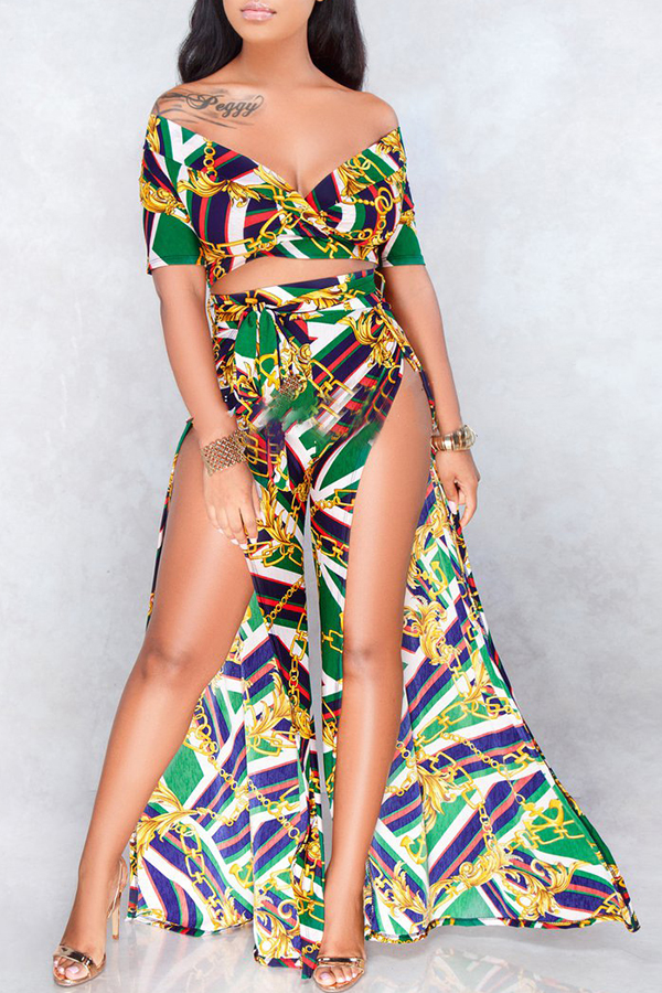 

Lovely Trendy Side High Slit Multicolor Two-piece Pants Set
