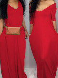 LW Casual Pockets Design Bright Red Blending Floor Length Dress